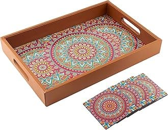 - Birch & Co. Wooden Tray for Serving-Free 4 Coasters-10 Inch X 15 Inch-Serving Tray-Tray Set for Decoration-Tea Trays-Big Coffee Tray-Premium MDF Trey-Wooden Serving Trays-Resin Tray,Round