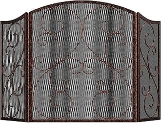 Fireplace Screen 3 Panel Wrought Iron Metal 48"(L) x30(H) Spark Guard Cover(Brushed Copper)