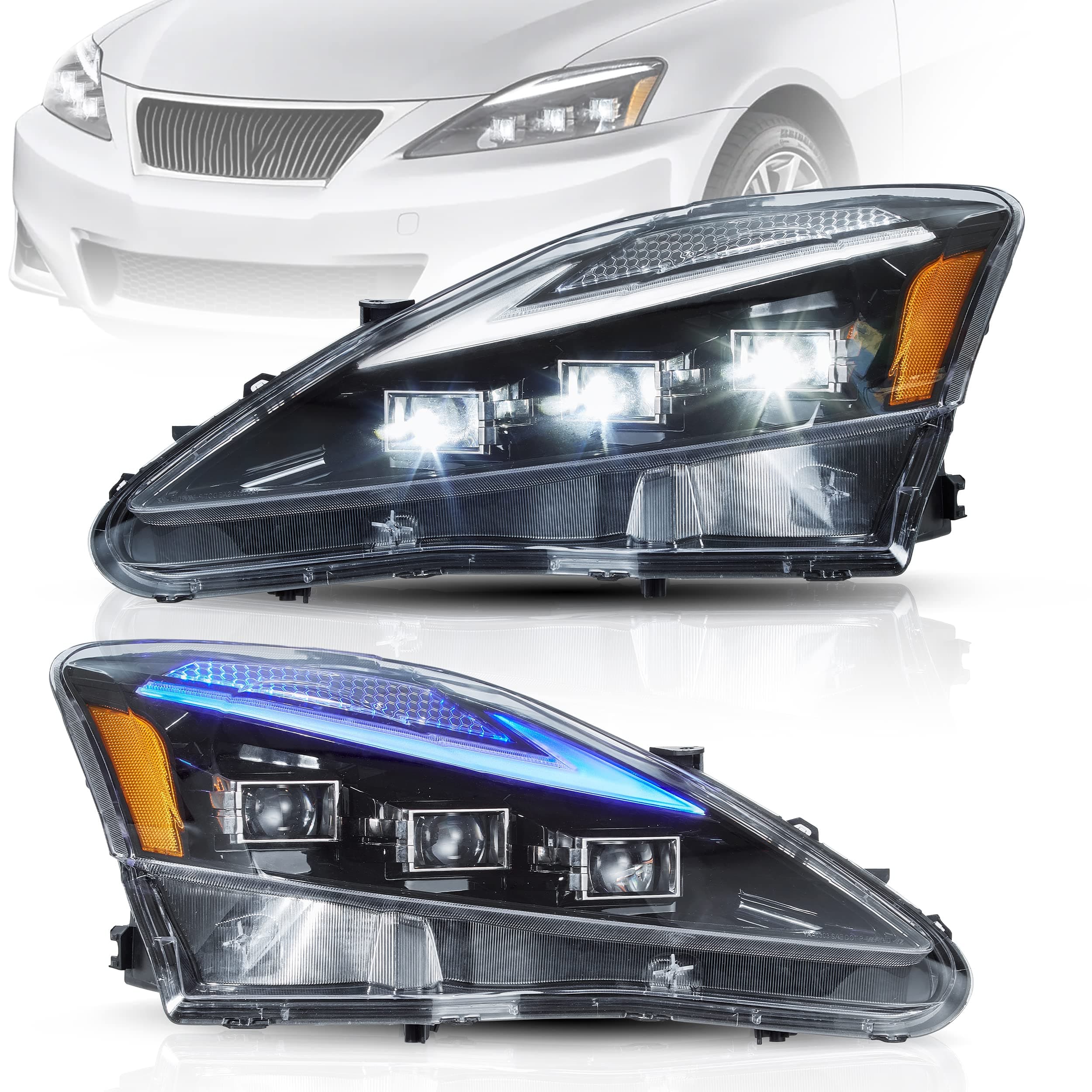 VLAND Headlights Assembly Fit for IS250/IS250C IS350/IS350C IS220d 2006-2012, ISF 2008-2014 W/Start-up Animation Blue DRL, LED Front lights with Sequential Turn Signal, Amber Reflector