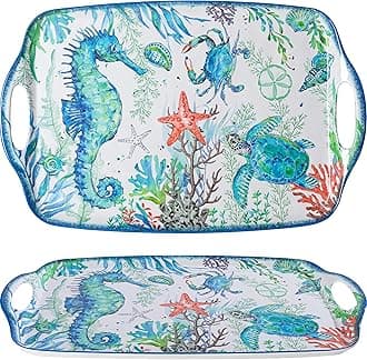 LEHAHA Serving Tray with Handles, Large Rectangular Melamine Serve Platter fo...