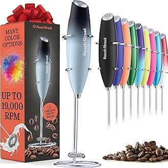 Powerful Handheld Milk Frother, Mini Milk Foamer, Battery Operated (Not included) Stainless Steel Drink Mixer with Frother Stand (Dark Sky)