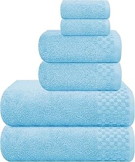 Premium Cotton 6 Pack Towel Set for Bathroom, Contains 2 Bath Towels 28x55 inch, 2 Hand Towels 16x24 inch & 2 Wash Coths 12x12 inch, Ideal Everyday use, Compact & Lightweight - Sky Blue