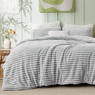 Comforter Set Queen Size - GentleSoft™ 3 Pieces Double-Side Fleece Fluffy Light Grey Comforter Set, Cozy Striped Room Decor Aesthetic, Luxury Bedding Queen Size, 2 Pillowcases, 90x90 Inches