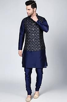 Men's Silk Blend Kurta Churidar Pyjama with Ethnic Bundi Jacket Set