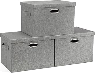 Large 17" 36 Quart Collapsible Stackable Storage Bins with Lids, 3 Packs Grey Linen Fabric Closet Boxes with Lids, Storage Cube Baskets Container Organizers for Bedroom Office(17 x12 x11)