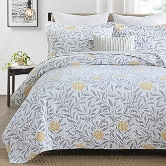 Homzard Quilt King Size Comforter Set - 100% Cotton Quilt Set King Size, Yellow Gray White Garden Bedding, Floral Leaves Bedspread(106 * 98 Inches) with 2 Pillow Shams,Reversible