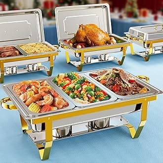 Chafing Dishes for Buffet 4 Pack 7 Pans, 9.5QT [Large Capacity] High-Grade Stainless Steel Food Warmers with Rolled Edge | Easy to Clean [Elegant Gold & Silver] for Buffet, Party, Wedding & Catering
