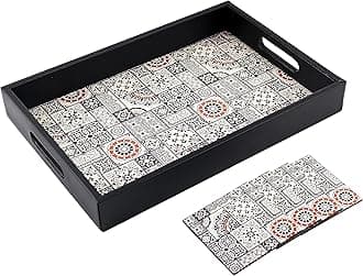 Wooden Tray for Serving-Free 4 Coasters-10 Inch X 15 Inch-Serving Tray-Tray Set for Decoration-Tea Trays-Big Coffee Tray-Premium MDF Trey-Wooden Serving Trays-Resin Tray,Round