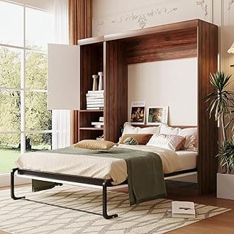 Ball & CastMurphy Bed Full Size Folding Wall Bed with Cabinet and Drawer,can be Folded,Wood Space-Saving Furniture Hideaway Platform Bedframe w/Slat Support,for Guest Room,Study,Office,White