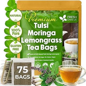 FreshDrinkUS, Premium 75 Tea Bags Tulsi Moringa Lemongrass, 100% Natural & Pure from Tulsi Holy Basil Leaves, Moringa & Lemongrass. Made with Natural Material Tea Bags. No Sugar, No Caffeine, Vegan.