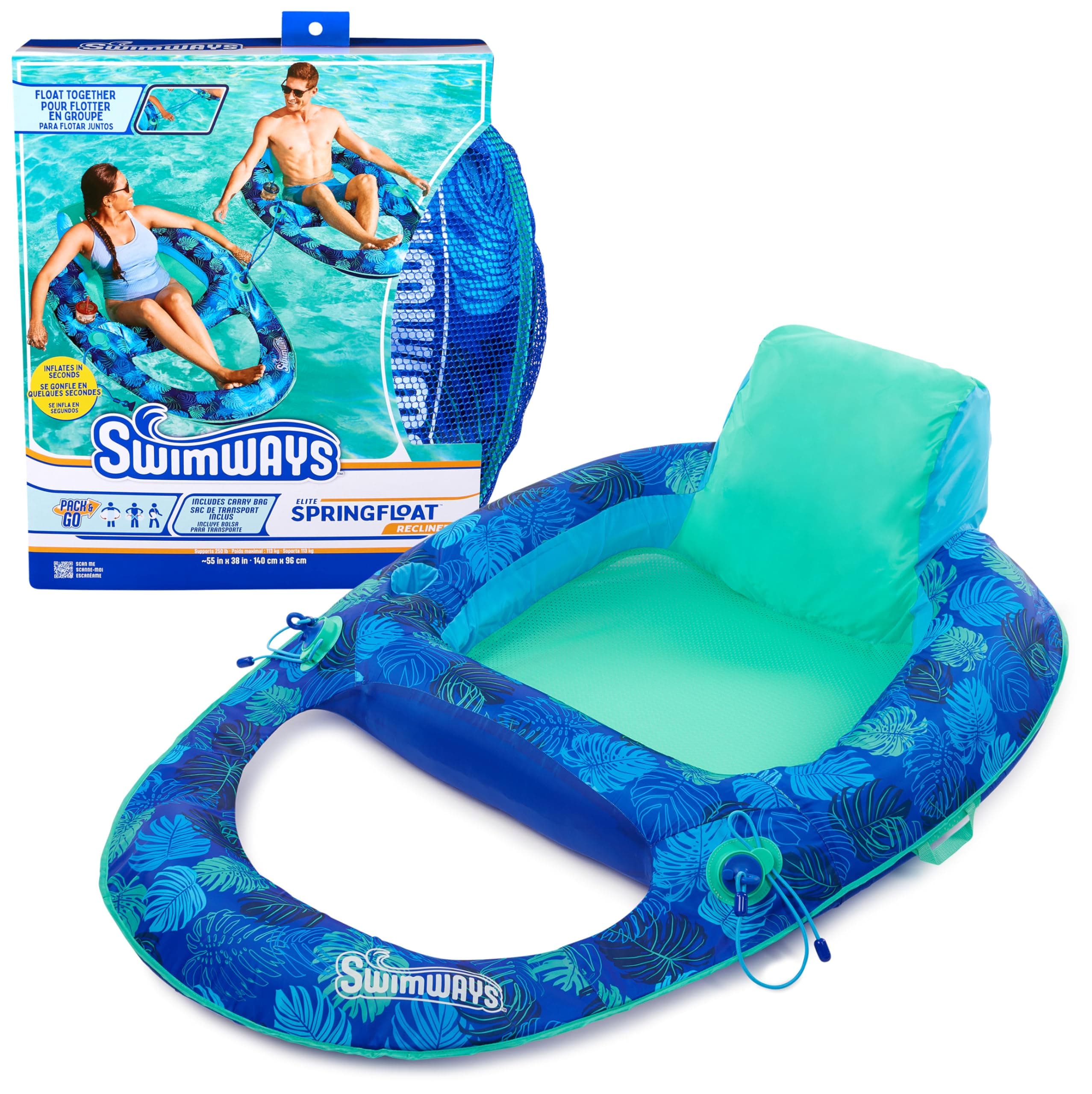 Elite Spring Float Recliner Pool Lounge Chair, Inflatable Pool Floats with Fast Inflation, Pool Recliner for Adults up to 250 lbs