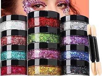 Teenitor Face Glitter Body Glitter Makeup Glitter Gel Hair Glitter, 12 Colors Body and Face Glitter Gel for Halloween Makeup, Star Glitter for Face, Body, Hair, 10g/Color