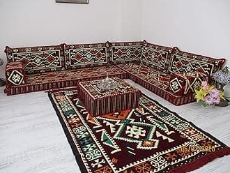 mysticalanatolia Handmade Arabic Majlis L Shape Sofa Set Oriental Floor Seating Cushions Ottoman Traditional Living Room Patio Furniture