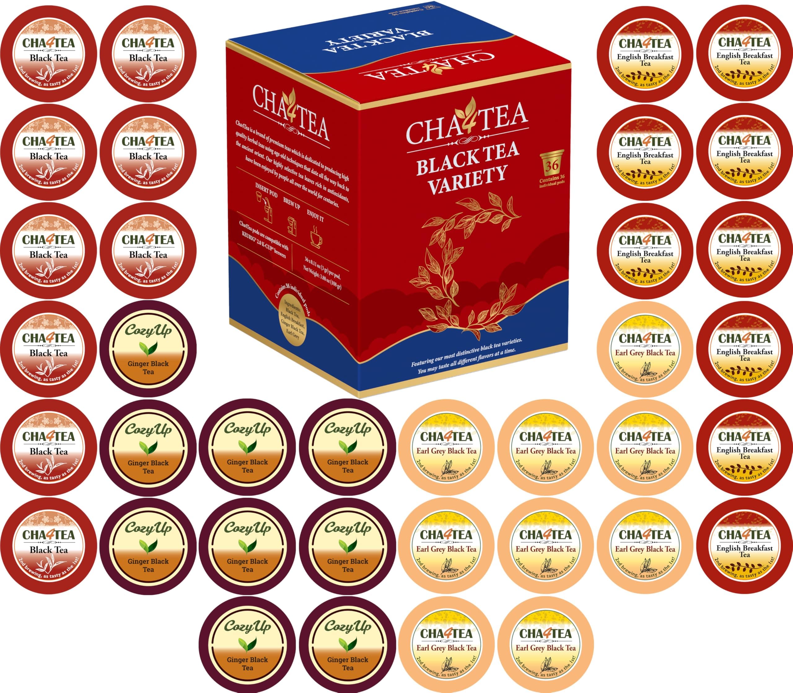 Cha4TEA 36-Count Assorted Black Tea Sampler for Keurig K-Cup Brewers (Black Tea, English Breakfast, Ginger tea, Earl Grey)