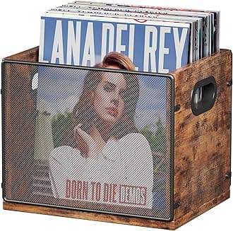 Homeiju Wooden & Metal Record Crate - Vinyl Album Holder & Organizer, Holds Up to 60 Records