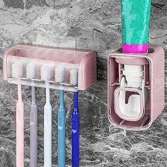5 Slots Wall Mount Toothbrush Holder with Cover, Self Adhesive Toothbrush Storage Organizer for Shower, Toothbrush Hanger with Automatic Toothpaste Squeezer Dispenser (Pink)