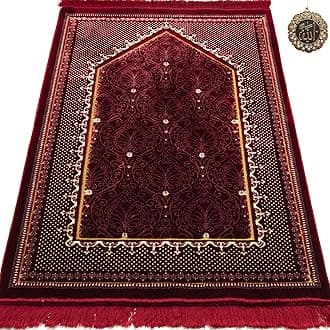 Modefa Velvet Prayer Rug | Free Car Hanger | Janamaz Sajjadah Musalla | Thick Plush Wide - Topkapi (Red)
