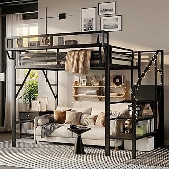 Mirightone Twin Size Loft Bed with Stairs and Storage, Metal Loft Bed Frame with A Shelf and Large Under-Bed Space, Heavy-Duty Loft Beds for Kids Boys Girls Teens, Black