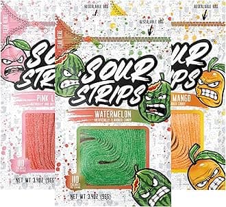 SOUR STRIPS Flavored Sour Candy Strips, Deliciously Sour Chewable Candy Belts, Vegetarian Sweets, Pack of 3 (Tropical Sampler (Pack of 3))