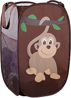 Handy Laundry Collapsible Mesh Pop Up Laundry Hamper with Side Pocket – Breathable, Space-Saving, Foldable Basket for Clothes, Toys, Travel & Storage, 14 x 13 x 24 in, Monkey