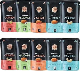 Ella Foods Premium Nut Snack Assortment | Salted Almonds, Peri Peri Almonds, Coconut Toasted Almonds, Chilli Lime Cashews & Salted Cashews | 27g Each | Pack of 10 (2 of each Flavor) | Savory, Spicy & Sweet | Rich in Protein & Nutrients | No Artificial Additives