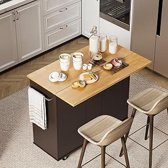 Shintenchi Rolling Kitchen Island Cart with Folding Drop Leaf Breakfast Bar, Portable Trolley Island with Large Storage Cabinet, Shelf and Drawer, Brown