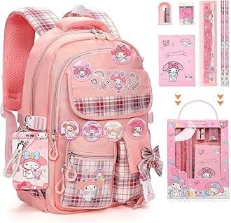 EnsccantCartoon Backpack for Girls - Cute Anime Backpack for Girls Kids Teens Womens School Backpack, Anti-Theft Outdoor Travel Laptop Bookbags with 14Pcs Accessories, School Bags - Pink