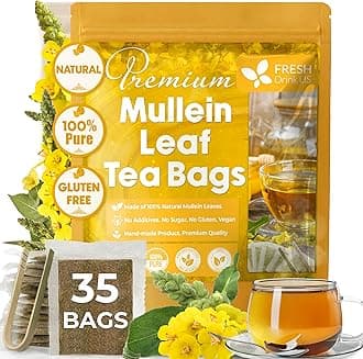 FreshDrinkUS, Premium 35 Mullein Leaf Tea Bags For Lung, 100% Natural & Pure from Mullein Leaves. Loose Leaf Mullein Herbal Tea. Made with Natural Material Tea Bags. No Sugar, No Caffeine, No Gluten, Vegan.