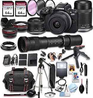 Canon EOS R50 Mirrorless Camera18-45mm and 55-210mm Lenses + 420-800mm Super Telephoto Lens + 128GB Memory, Flash, Spare Battery, Filters,Case, Tripod, and More (46pc Video Bundle)