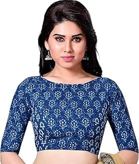 Studio Shringaar Women's Indigo Blue Cotton Block Printed V Neck Saree Blouse