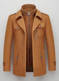 KUDORO Mens Wool Coats Short Winter Padded Trench Coat for Casual Business Outwear Thick Wool Blend Peacoat with Removable Inner Collar