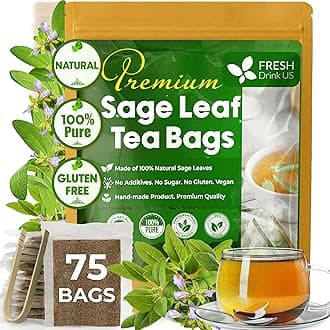 FreshDrinkUS, 75 Sage Leaf Tea Bags, 100% Natural & Pure from Sage Leaves. Loose Leaf Sage Herbal Tea. Sage Leaf Tea. Made with Natural Material Tea Bags. No Sugar, No Caffeine, No Gluten, Vegan.