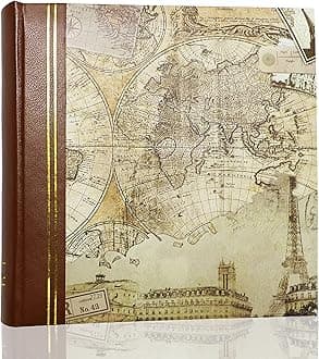 Photo Album 4 x 6 200 Photos 2 Pictures Per Page, Memo Writing Area for Each Pocket, Faux Leather Spine and Printed Old Map Vacation Design Brown