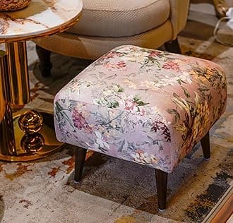 The Artage Puffy Stool for Living Room Vanity Dressing Table Sitting Pink Flower Printed Premium Foam Cushioned Pouffe Ottoman for Foot Rest Stool for Home Decor Furniture Wooden (Floral) ()