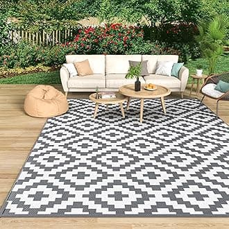 Outdoor Rug for Patios Waterproof, Anti-slip Plastic Straw Garden Mat Carpet UV Resistant Indoor Area Rugs for Camping, Deck, Beach, Picnic, Backyard (120x180cm, Grey & White)