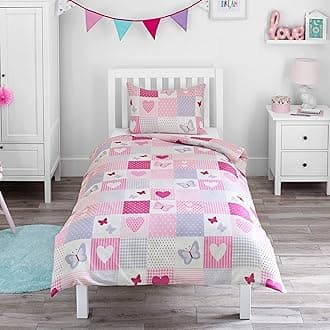 Bloomsbury Mill - Hearts & Butterflies Patchwork - Kids Bedding Set - Pink - Junior/Toddler/Cot Bed Duvet Cover and Pillowcase