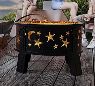 Kingson 26" Outdoor Fire Pit with Grill & Mesh Cover, Wood Burning Steel Firepit with Poker & Star Spark Screen, Heavy Duty Patio Fire Bowl for Backyard, Camping & Garden