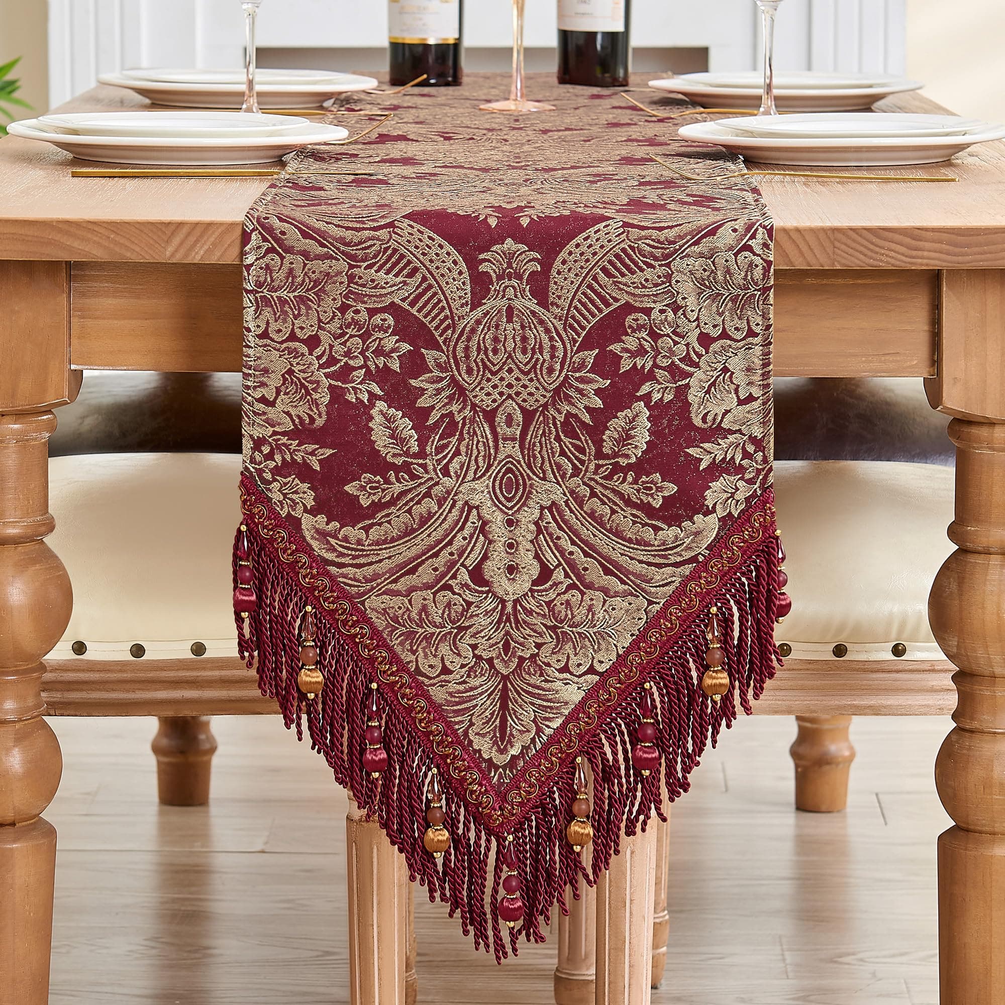 TOPLUXE Table Runner with Tassels, Damask Table Runner for Dining Room/Restaurant/Banquet/Festival/Christmas Decoration (33x274cm, Red)