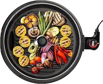 Elite Gourmet EMG6505G 12" Smokeless Indoor Electric BBQ Grill with Glass Lid Dishwasher Safe, Nonstick, Adjustable Temperature, Fast Heat Up, Low-Fat Meals Easy to Clean Design