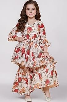 Naixa Girl's Rayon Floral Pattern Kurta Sharara Set with 3/4 Sleeve V- Neck Knee Length and Elastic Closure Type| Kurta Sharara Set for Girl's