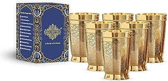 INDIAN ART VILLA Pure Brass Glass Tumbler with Embossed Design, for Drinking Serving Water, Yoga & Ayurveda, Volume-270 ML, Set of 6