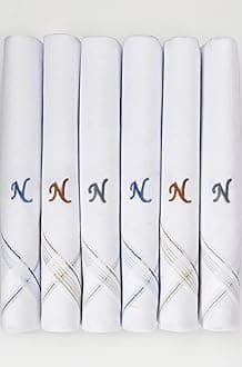 Caruso Italy Men's Initial Monogram (A-Z) Embroidery 100% Pure Cotton Handkerchief White Base With Colored Border - Pack Of 6
