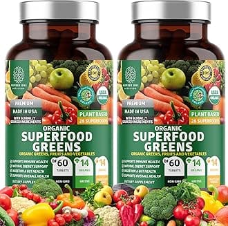 2-Pack N1N Premium Organic Green Superfood, Fruits & Veggies [28 Powerful Ingredients] Natural Supplement with Alfalfa, Beet Root & Tart Cherry for Energy, Immunity, Digestion, 120 Ct