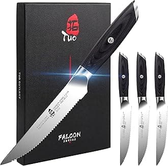 TUO Steak Knives - 4 Piece Steak Knife Set, Serrated Edge Steak Knives 5 inch Kitchen Knife - German High Carbon Stainless - Full Tang Pakkawood Handle - Falcon Series with Gift Box