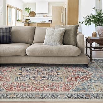 RUGGABLE Washable Vintage Area Rug – Kamran Cayenne Red 5x7, Stain-Resistant, Non-Slip – Medium Machine Washable Rugs for Living Room, Bedroom, Hallway, Entryway & Office–with Cushioned Pad