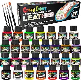 Crazy Colors Premium Acrylic Leather and Shoe Paint Kit, 29 Colors, Deglazer, 4-Piece Brush Set - 1 oz Bottles, Opaque, Metallic, Neon - Flexible, Scratch Resistant - Sneakers, Jackets, Bags Purses