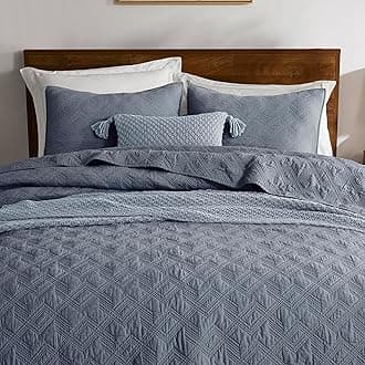 WDCOZY 100% Cotton King Size Quilt Set - Dusty Blue Pre-Washed Soft Lightweight Modern Bedspread, Farmhouse Country Rustic Coverlet, Textured Like Linen, Shabby Chic Gauze Bedding, 3 Pieces