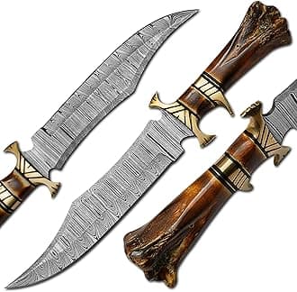 Damascus Steel Hunting Knife - Fixed Blade Knives with Sheath - Firm Grip Handle Made of Camel Bone (BNT Bone)