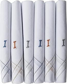 Caruso Italy Men's Personalized Initial Monogram Handkerchief (A-Z) Embroidered 100% Pure Cotton Pocket Square, Elegant Soft and Absorbent for Everyday Use or Gift, White, 46 x 46 cm, pack of 6