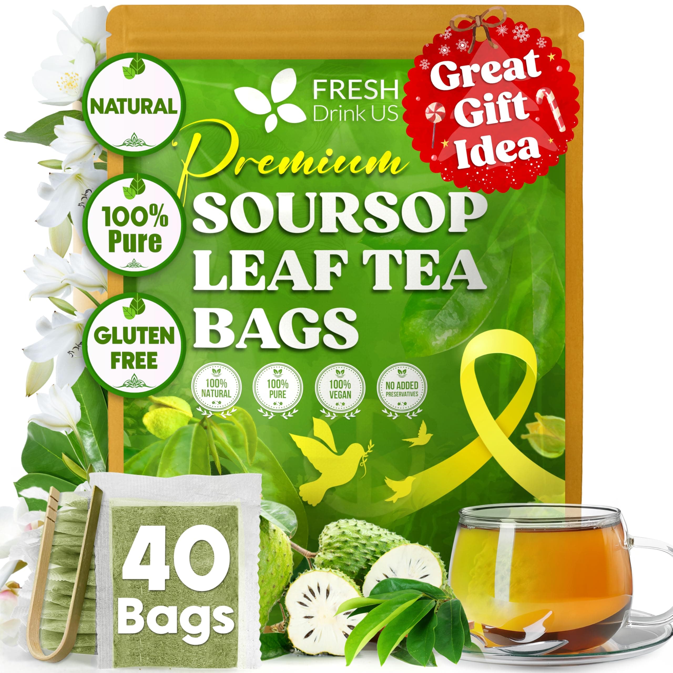 40 Premium Soursop Graviola Leaf Tea Bags, 100% Natural and Pure from Soursop Leaves, Handmade, Made With Natural Materials-Corn Fiber Tea Bag, Sugar/Caffeine/Gluten Free, Hoja Guanabana Tea